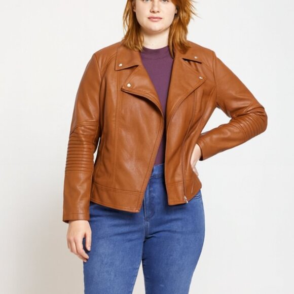 GUESS Cognac Faux Leather Moto Jacket – Women’s Large - Picture 1 of 3